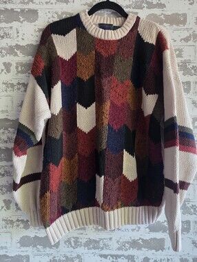 ​Vintage Etchings Geometric Colorblock Chunky Knit Sweater Mens Large Ramie